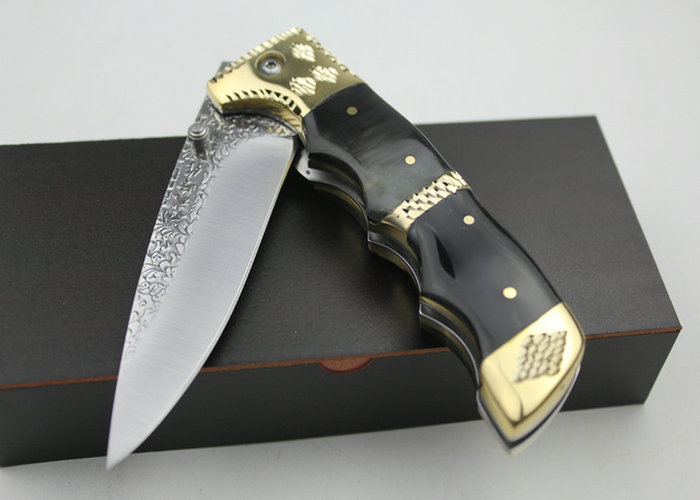 High Quality Pattern Steel Folding Knife Collection Knife with Ox horn Handle UDTEK01215